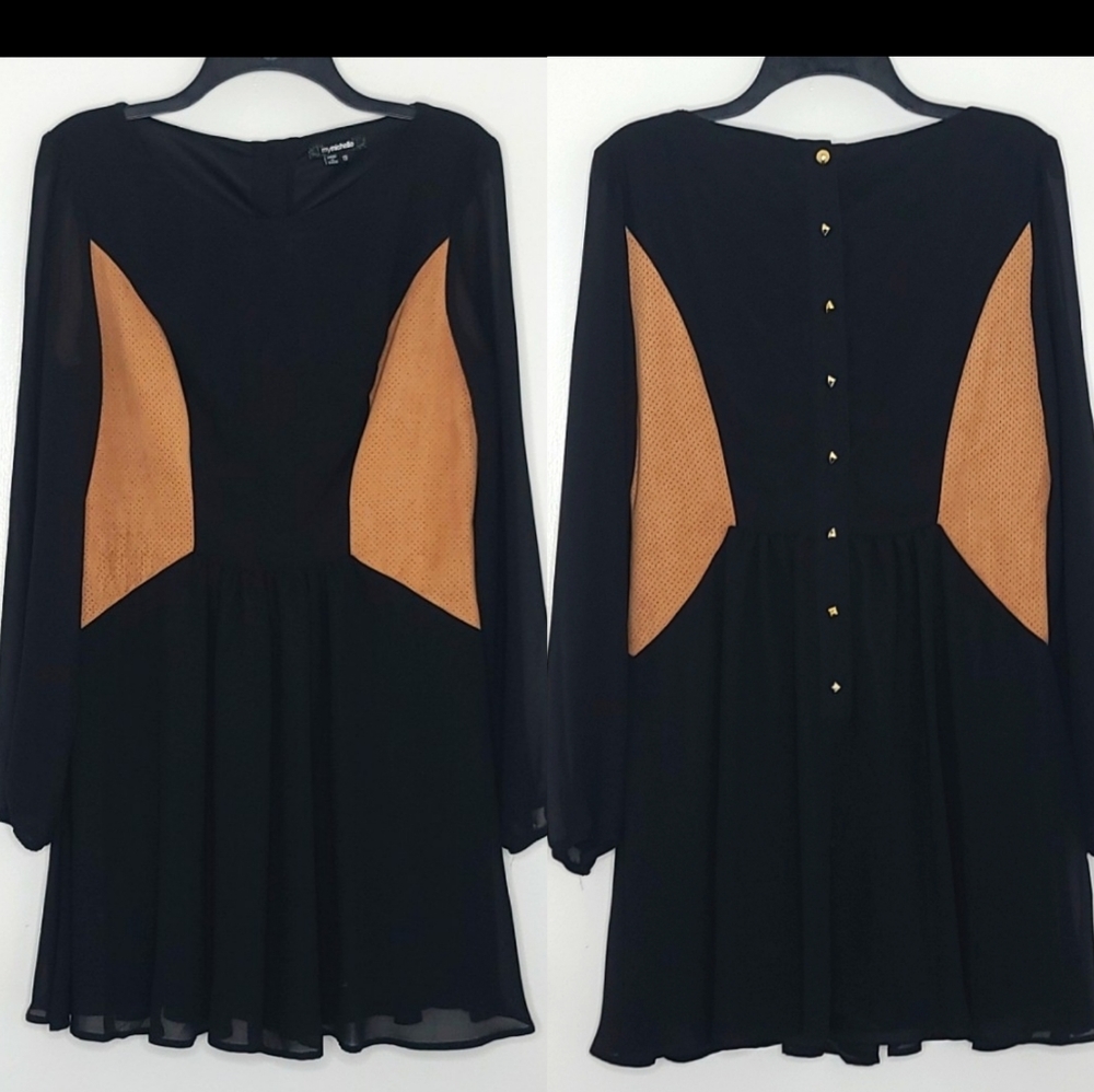 Black dress with faux suede sheer sleeves button down back